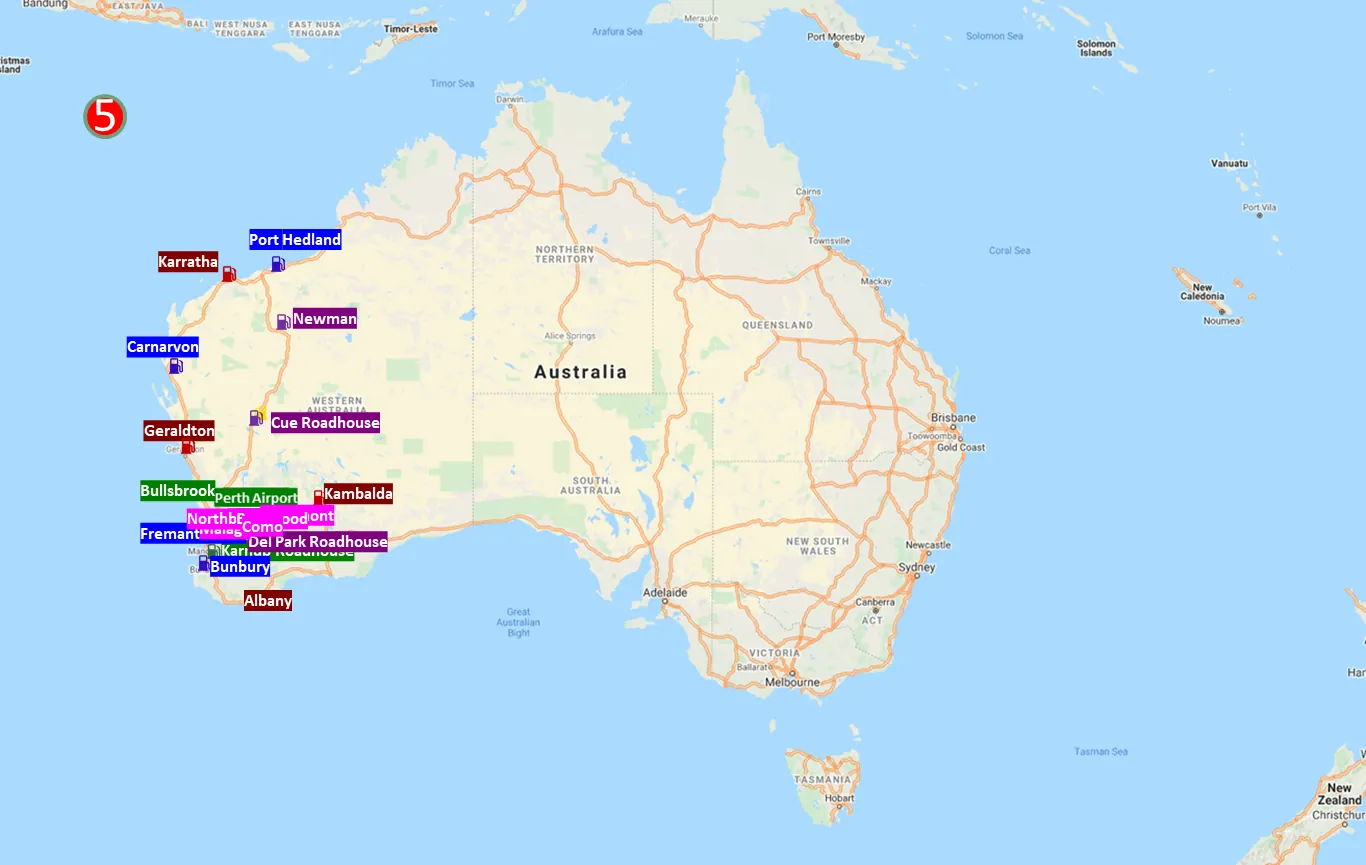 Map of Western Australia showing 20 planned Hydrogen West refuelling stations